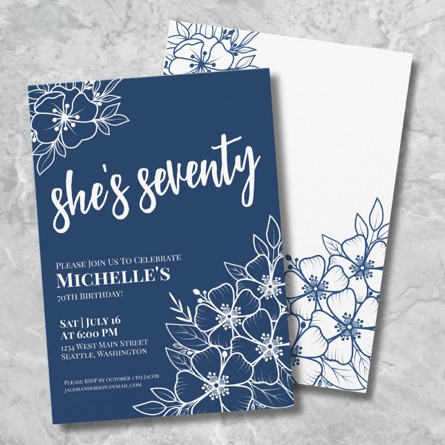Blue 70th Birthday Party Invitation (Seventy Navy Blue 70th Birthday Party Invitation)