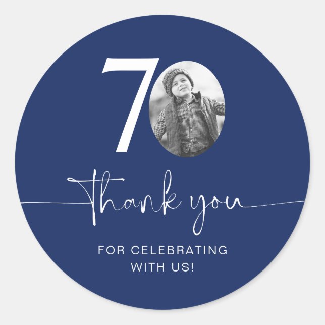 Blue 70th Birthday Thank You Classic Round Sticker (Front)