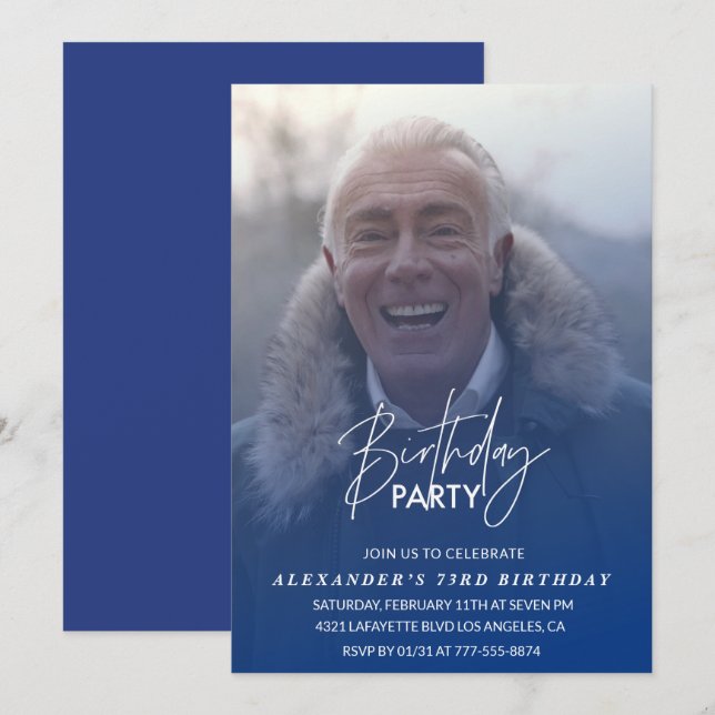 Blue 73rd birthday invitation Birthday party Photo (Front/Back)