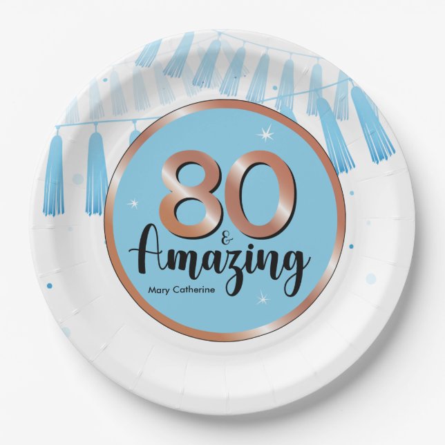 Blue 80th Birthday Party Paper Plate (Front)