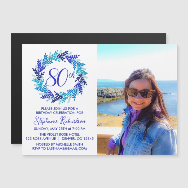 Blue 80th Birthday Party Photo Invitation Magnet (Front/Back)