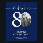 Blue 80th Birthday Welcome Sign | Look Who's 80<br><div class="desc">Welcome guests to your 80th birthday celebration with this stunning editable welcome sign. Featuring a sleek, customizable layout, this template allows you to easily add your own photo and personalize the text, making it a perfect addition to your milestone 80th birthday decor. Ideal for entryways or as a party focal...</div>