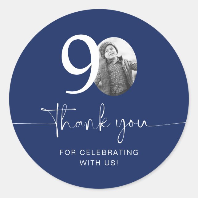 Blue 90th Birthday Thank You Classic Round Sticker (Front)