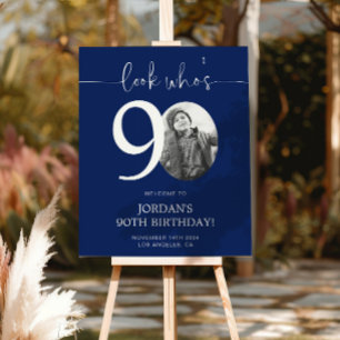 Blue 90th Birthday Welcome Sign   Look Who's 90
