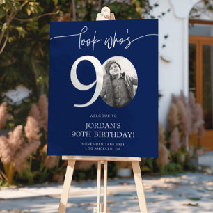 Blue 90th Birthday Welcome Sign   Look Who's 90