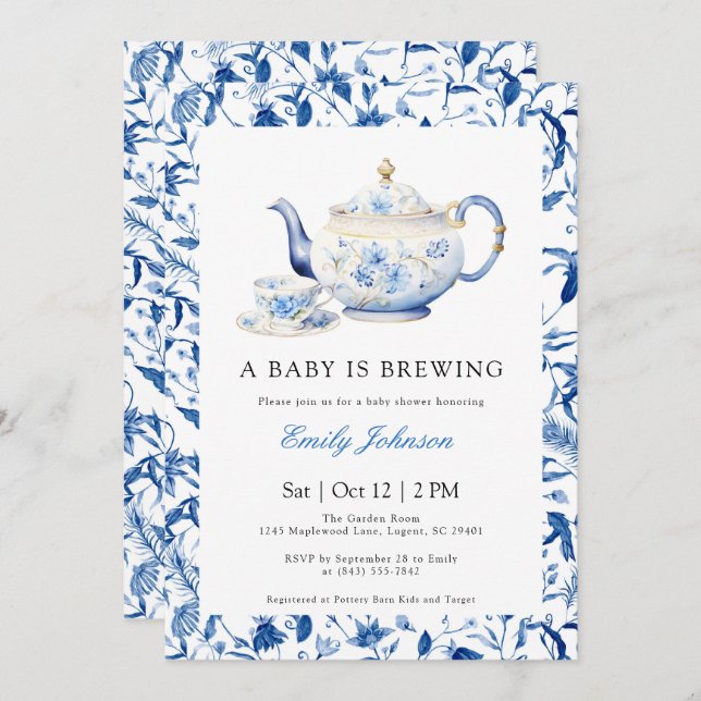 BLUE A Baby is Brewing Baby Shower Invitation (Front/Back)