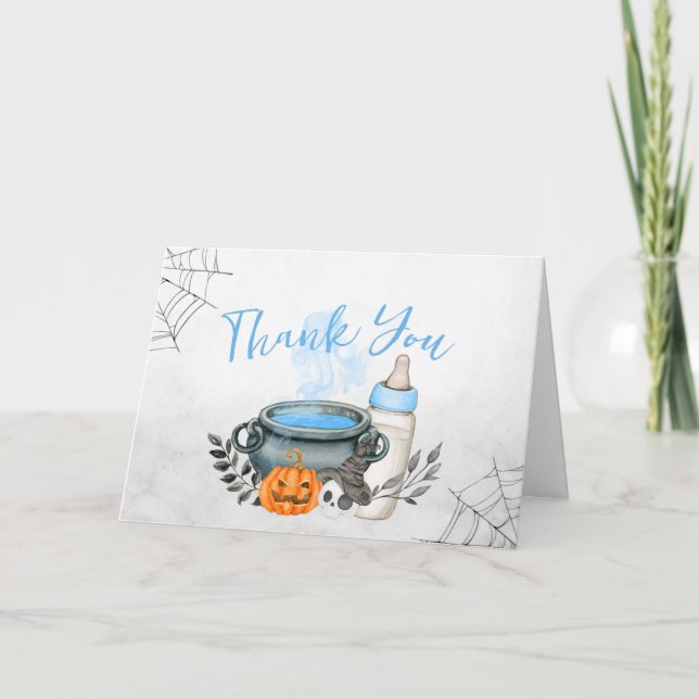 Blue A Baby is Brewing Halloween Baby Shower  Thank You Card (Front)