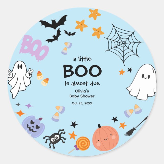 Blue A Little Boo Cute Ghost Halloween Baby Shower Classic Round Sticker (Front)