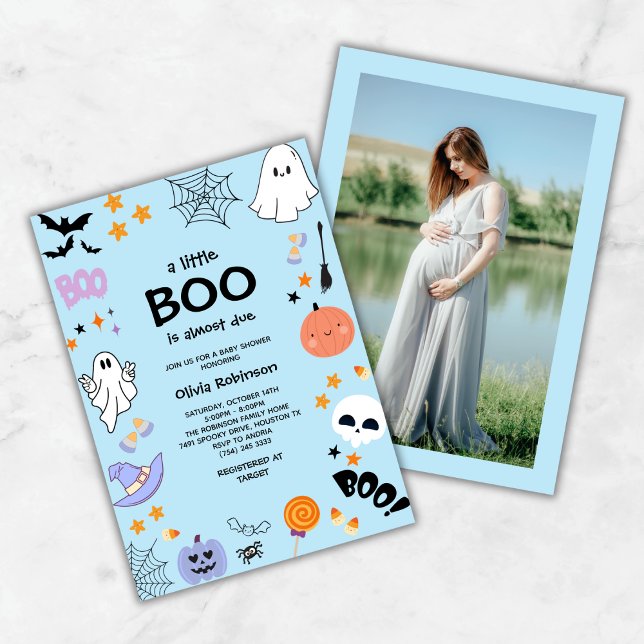 Blue A Little Boo Cute Photo Halloween Baby Shower Invitation (Blue A Little Boo Cute Photo Halloween Baby Shower Invitation )