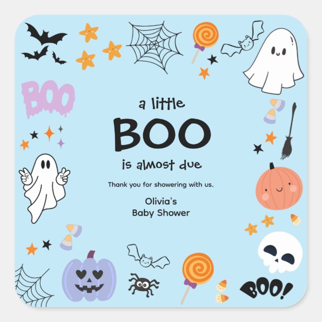 Blue A Little Boo Halloween Baby Shower Thank You  Square Sticker (Front)