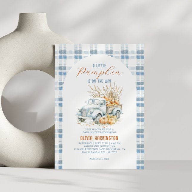 Blue A little Pumpkin Truck Boy Baby Shower Invitation (Creator Uploaded)