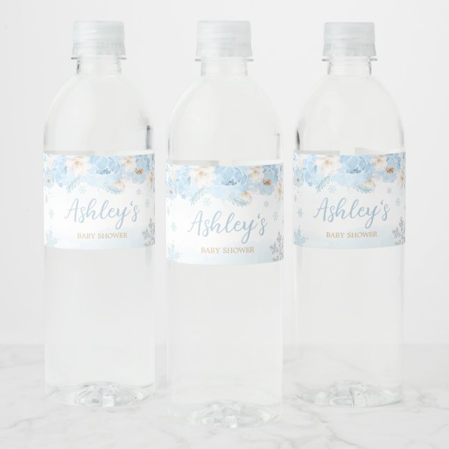 Blue A Little Snowflake Baby Shower  Water Bottle Label (Bottles)