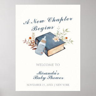 Blue A New Chapter Book Bottle Baby Shower Welcome Poster