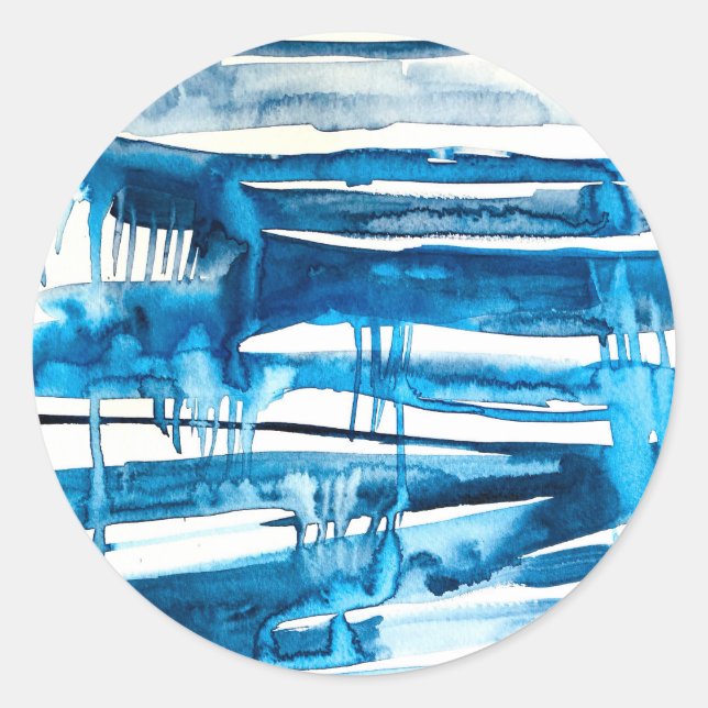Blue abstract art watercolor icicles  classic round sticker (Front)
