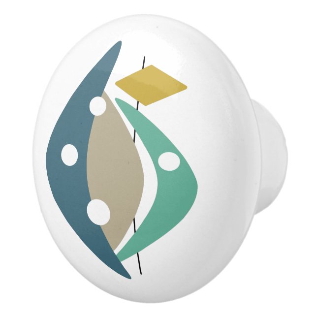 Blue Abstract Boomerangs Midcentury Modern Ceramic Knob (Right)