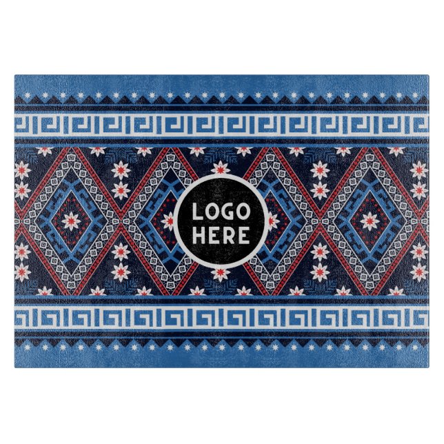Blue Abstract Ethnic Geometric Patterns with Logo Cutting Board (Front)