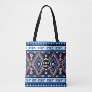 Blue Abstract Ethnic Geometric Patterns with Logo Tote Bag