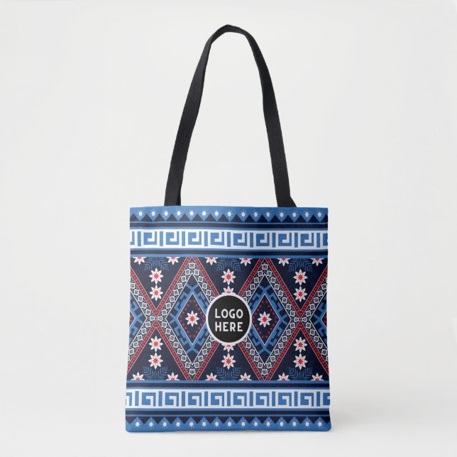 Blue Abstract Ethnic Geometric Patterns with Logo Tote Bag (Front)