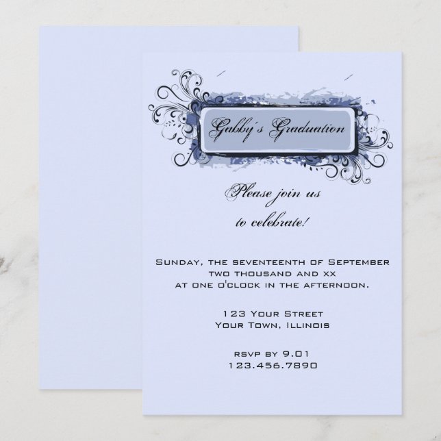 Blue Abstract Floral Graduation Party Invitation (Front/Back)