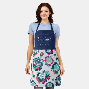 Blue abstract floral pattern personalised cooking apron