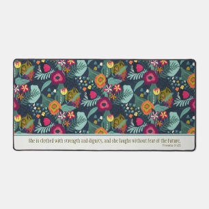 Blue Abstract Floral Proverbs 31:25 Desk Mat