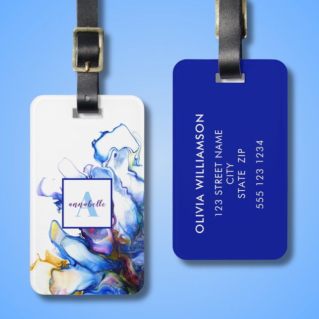 Blue Abstract Fluid Art Agate Name Luggage Tag (Colorful abstract fluid art luggage tag with custom name and personalized address details to reverse)