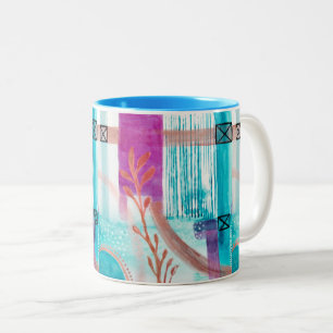 Blue Abstract Geometric Bright Pink Red Two-Tone Coffee Mug