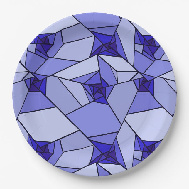 Blue Abstract Geometric Pattern Paper Plate (Front)