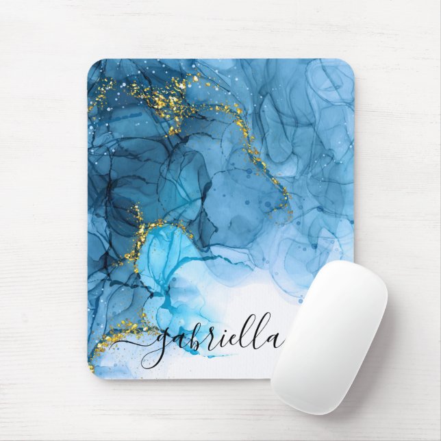 Blue Abstract Marble Mouse Mat (With Mouse)