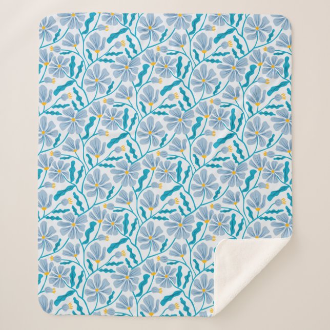 Blue Abstract Mid Century Modern Flower Sherpa Blanket (Front)