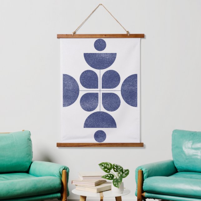 Blue abstract mid century pattern hanging tapestry (Living Room)