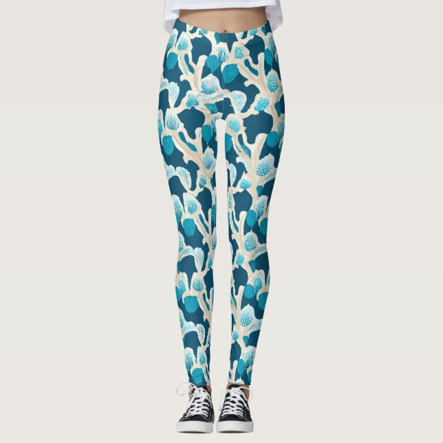 Blue Abstract Ocean Floor | Coastal Pattern Leggings (Front)