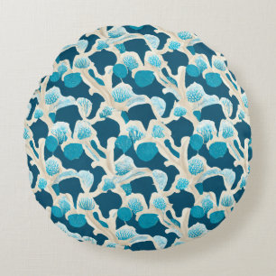 Blue Abstract Ocean Floor Coastal Pattern Round Cushion
