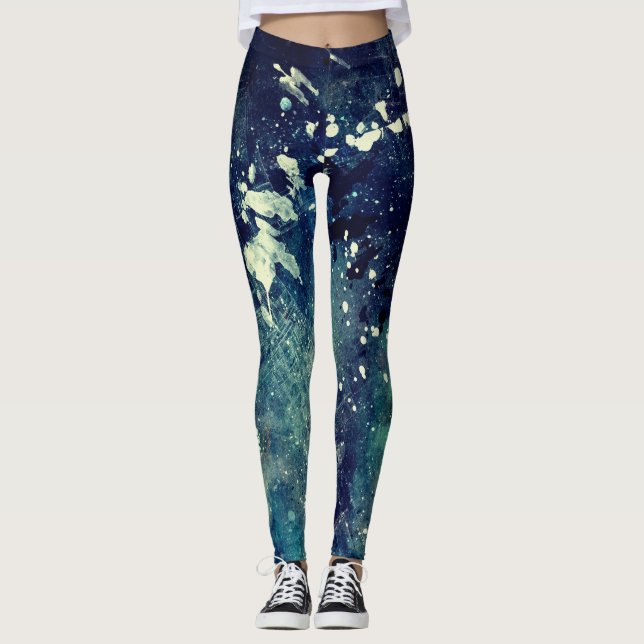 Blue Abstract Paint Splatter Leggings (Front)