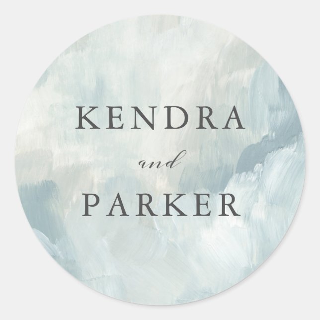 Blue Abstract Painted Brushstrokes Wedding Classic Round Sticker (Front)