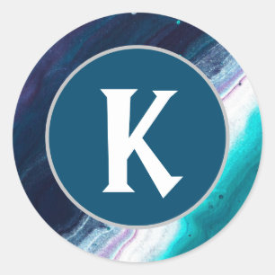 Blue Abstract Painting Monogram Classic Round Sticker