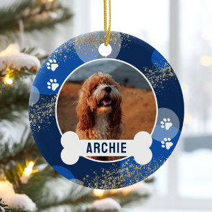 Blue Abstract Paw Print Pet Photo Ceramic Tree Decoration