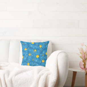 Blue Abstract Pen & Watercolor Asters Reversable Cushion