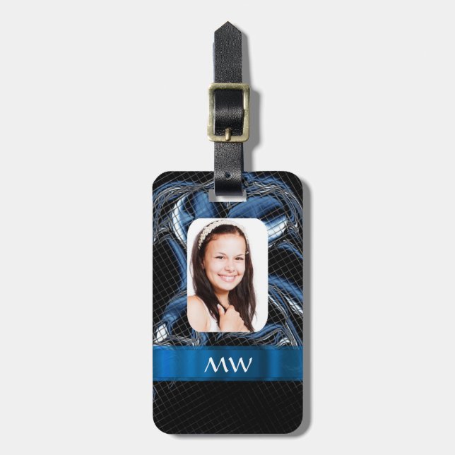 Blue abstract photo template luggage tag (Front Vertical)