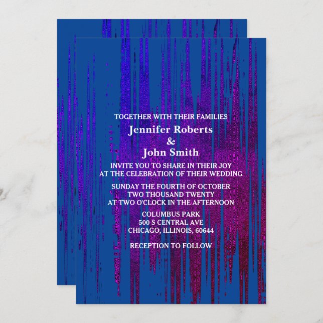 Blue Abstract Purple Artsy Elegant Boho Wedding Invitation (Front/Back)