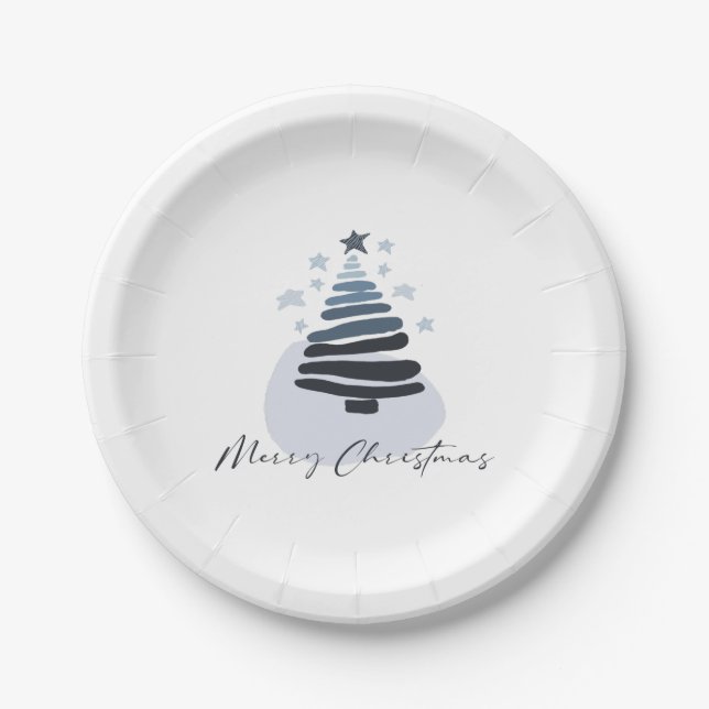 Blue Abstract Scandi Style Christmas Tree Party Paper Plate (Front)