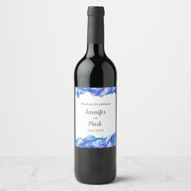 Blue Abstract Silk Wedding Wine Label (Front)