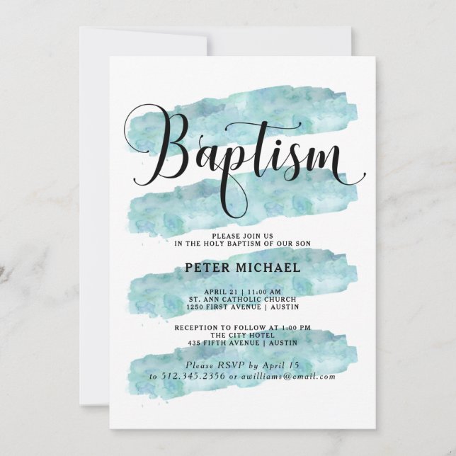 Blue Abstract Stripes | Watercolor Baptism Invitation (Front)