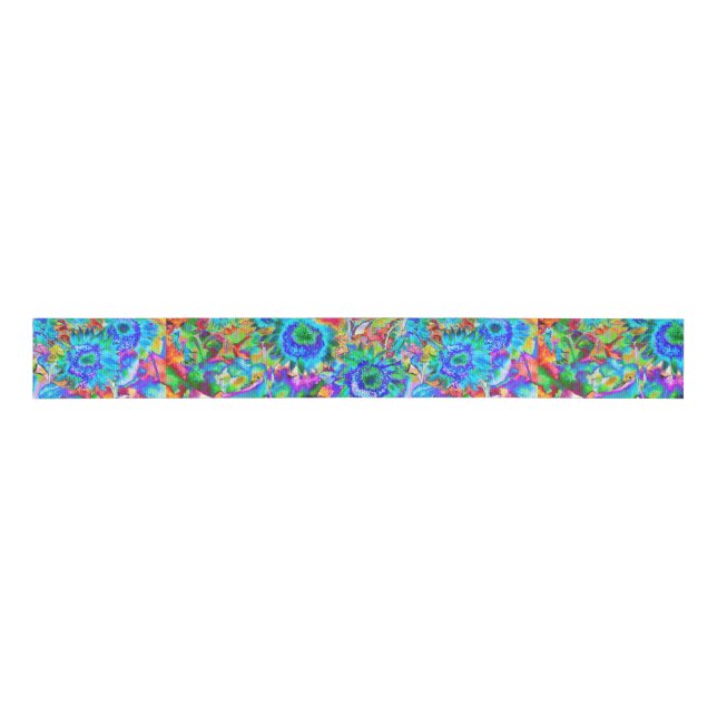 Blue abstract sunflower floral watercolor painting grosgrain ribbon (Front)
