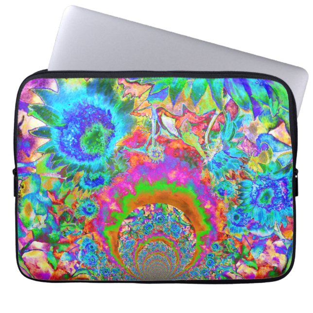 Blue abstract sunflower floral watercolor painting laptop sleeve (Front)
