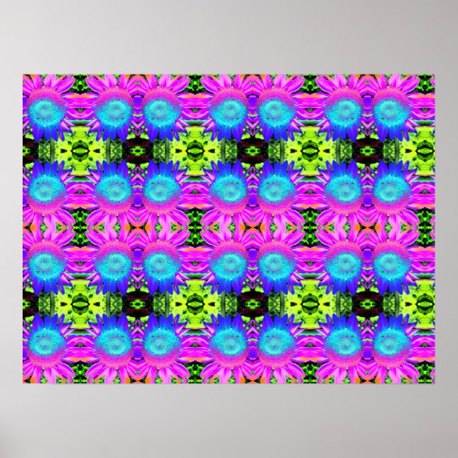 Blue Abstract Sunflowers, mandala flowers Poster (Front)