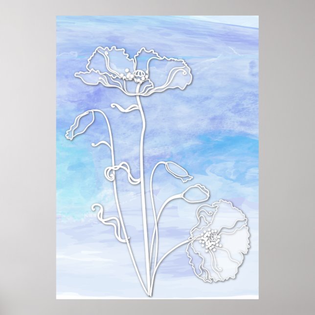 Blue Abstract Watercolor and Poppies Poster (Front)