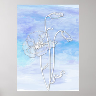 Blue Abstract Watercolor and Poppies Poster