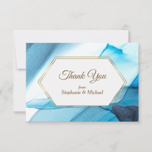 Blue Abstract Watercolor Double Frame Wedding Thank You Card