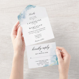Blue Abstract Watercolor Elegant Wedding All In One Invitation